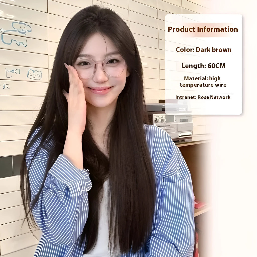 Forehead lace full-head wig with mid-length straight black hair and styling kit including comb, clip and bracket
