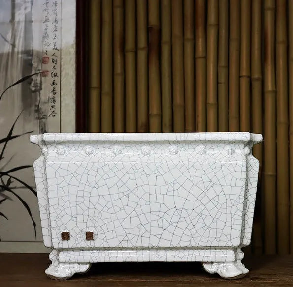 Large handmade ceramic flower pot with crackle glaze surface in dark, light mung bean or white, Chinese style