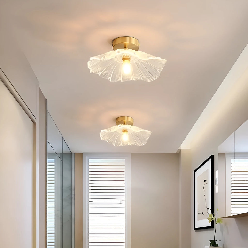 Nordic-style lotus leaf shaped glass lampshade LED light with iron body, shown as ceiling and pendant light.
