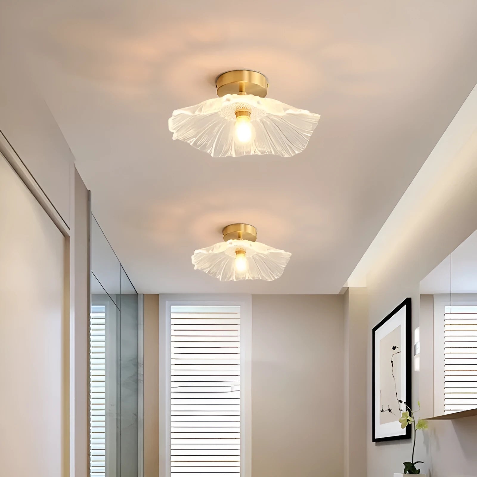 Nordic-style lotus leaf shaped glass lampshade LED light with iron body, shown as ceiling and pendant light.