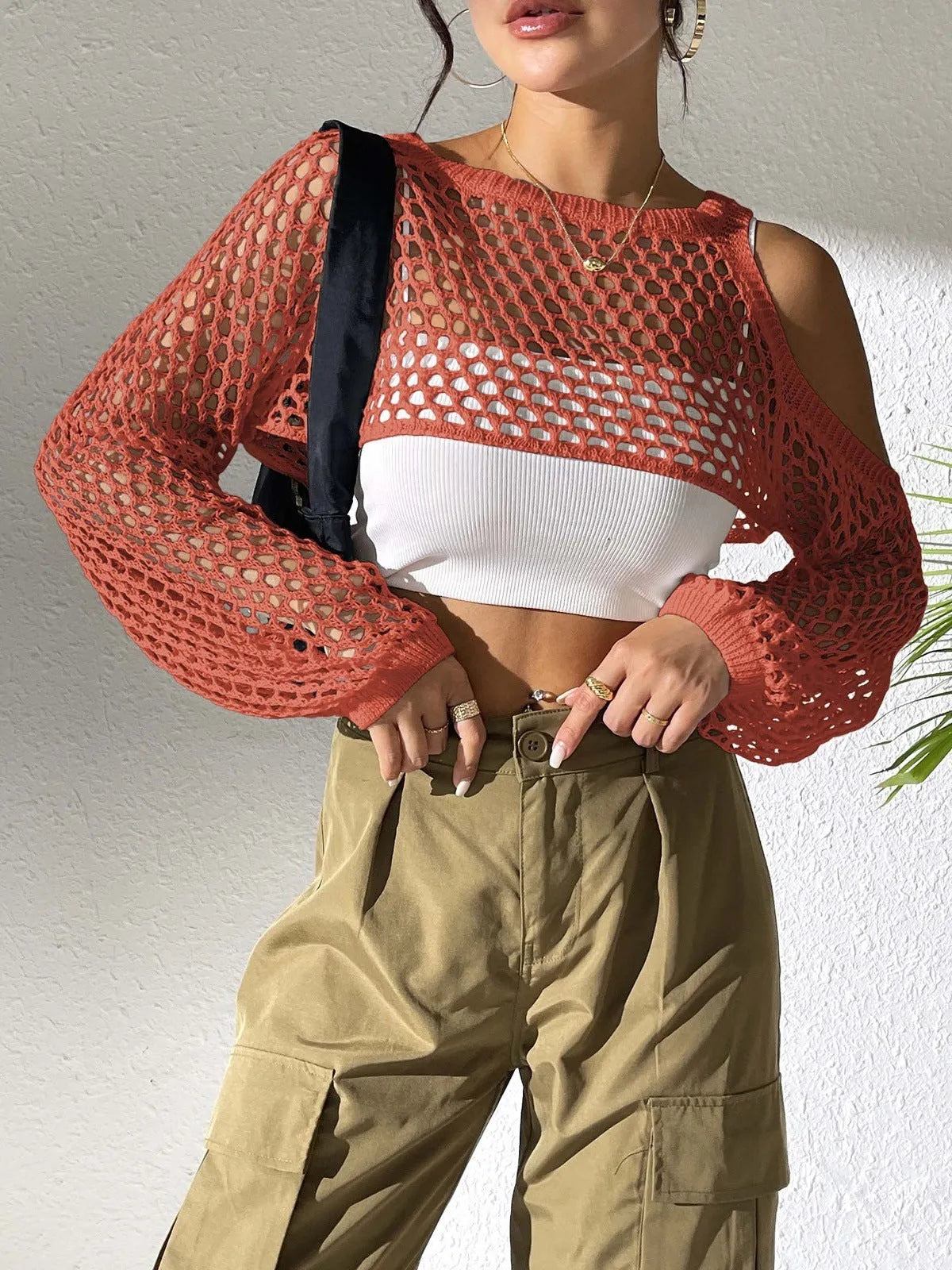 Beachwear mesh shirt with hollowed navel design in Army Green colour