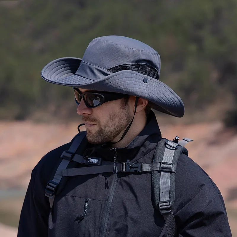 Men's polyester mesh sun protection bucket hat with flat top crown in army green, black, and navy blue