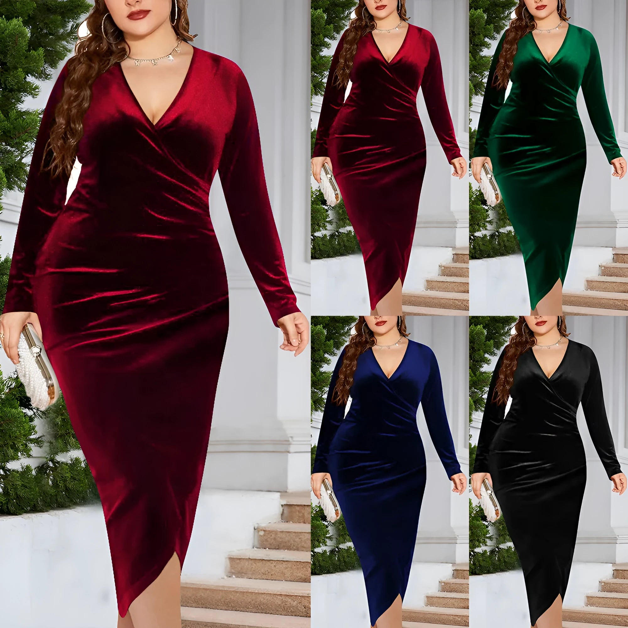 Women's red V-neck long sleeve dress on a hanger, showing the front design.