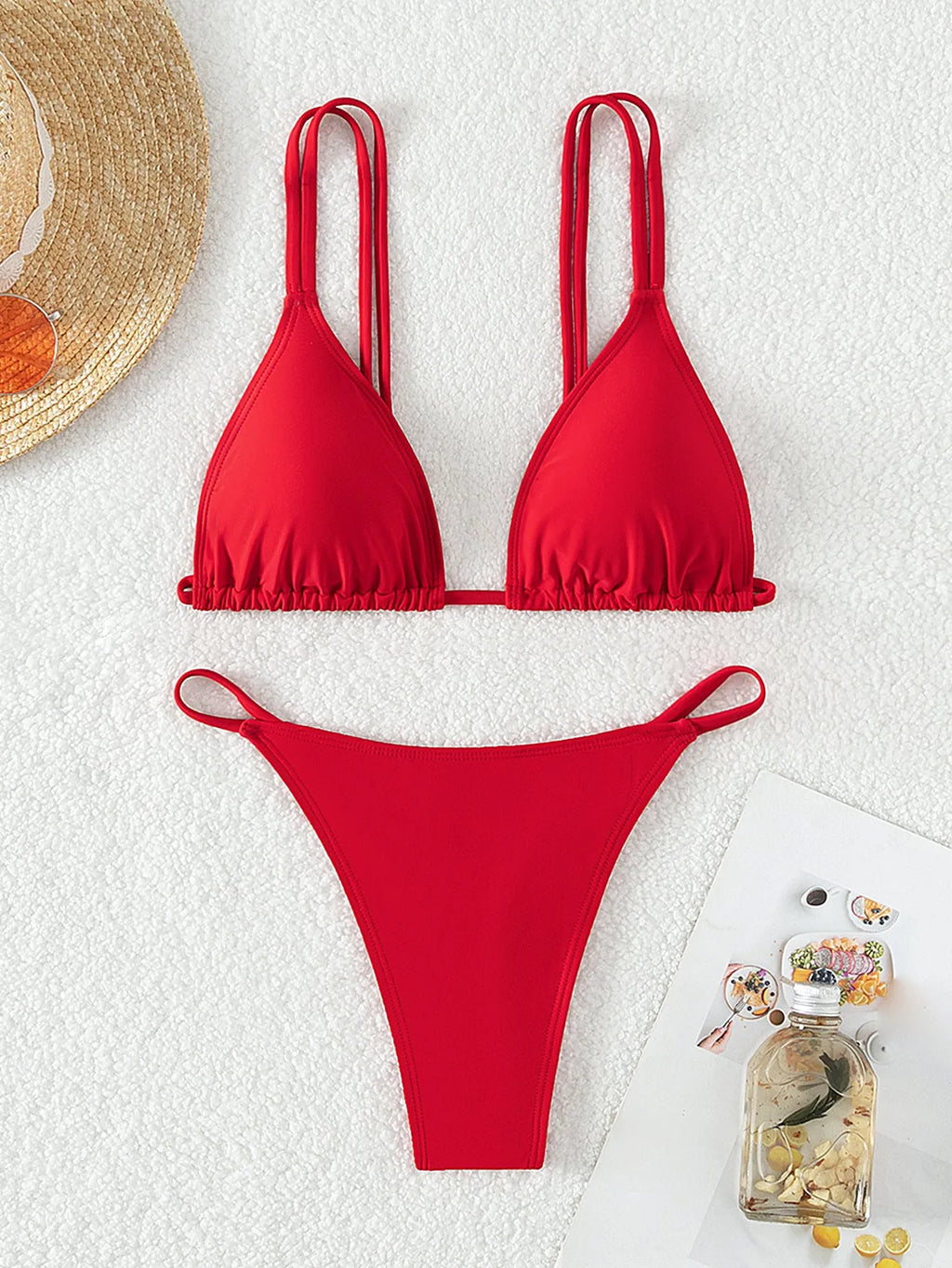 Triangle cup halter bikini swimsuit for women, nylon two-piece in black or FP49RE, sizes XS to L