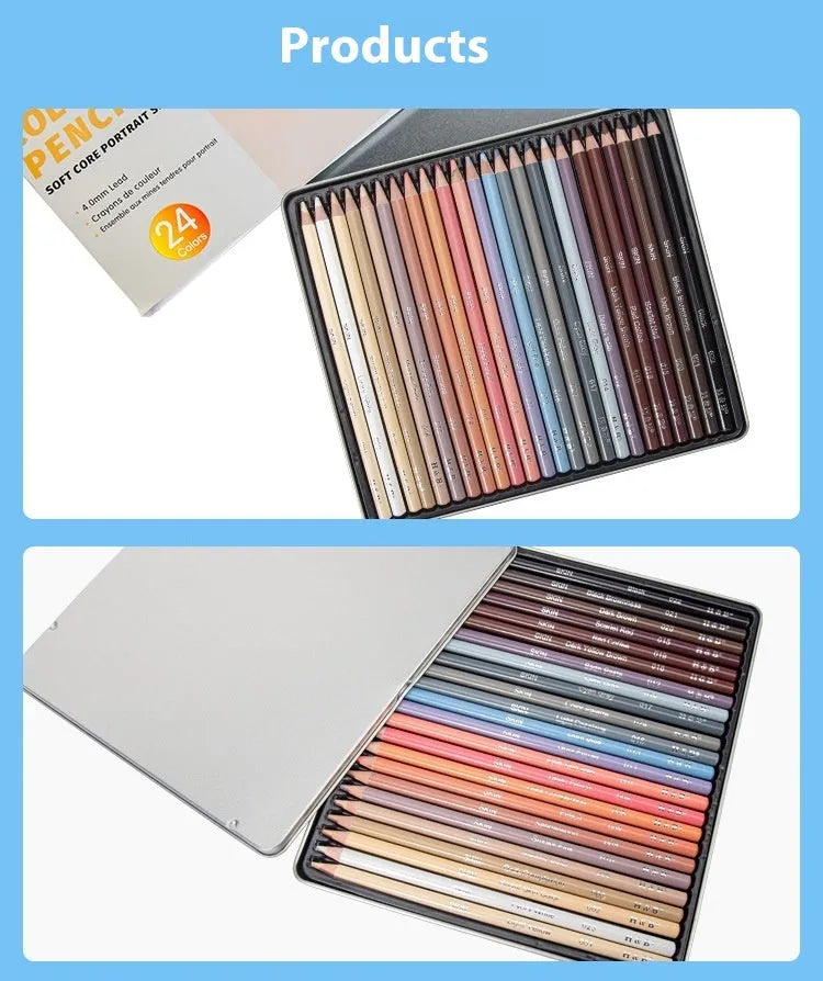 24-colour skin tone pencil set in round brush pot-style metal tin for portrait drawing