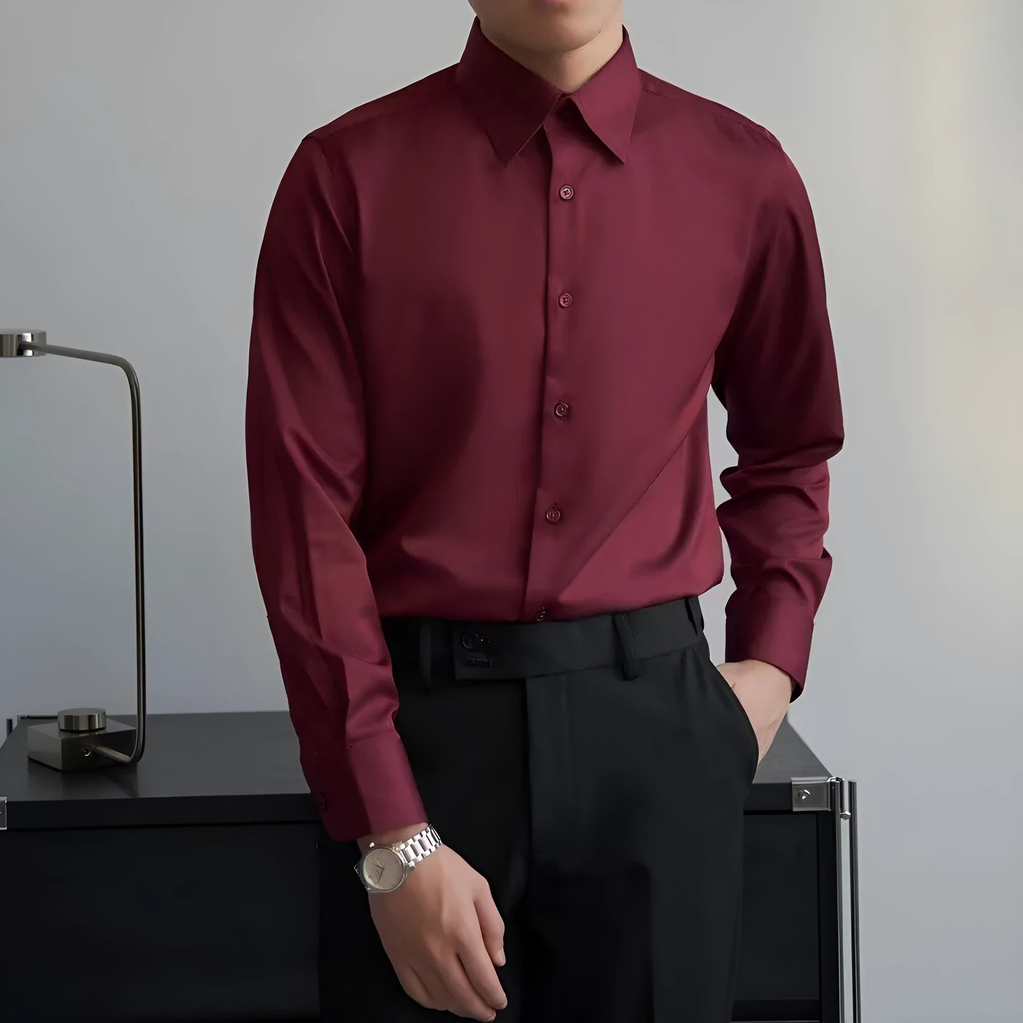 Men's black Korean style cardigan shirt with long sleeves and Japanese retro design elements