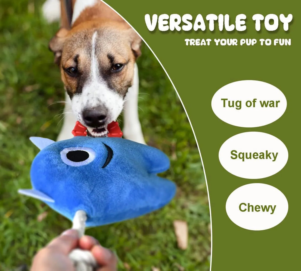 Blue and green plush dog toy with integrated cotton rope and squeaker for chewing and tug-of-war play.