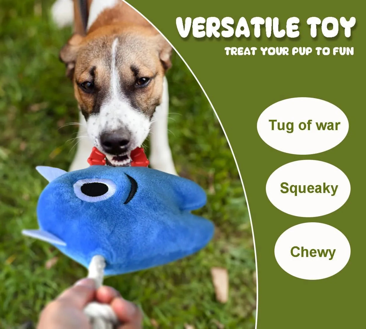 Blue and green plush dog toy with integrated cotton rope and squeaker for chewing and tug-of-war play.