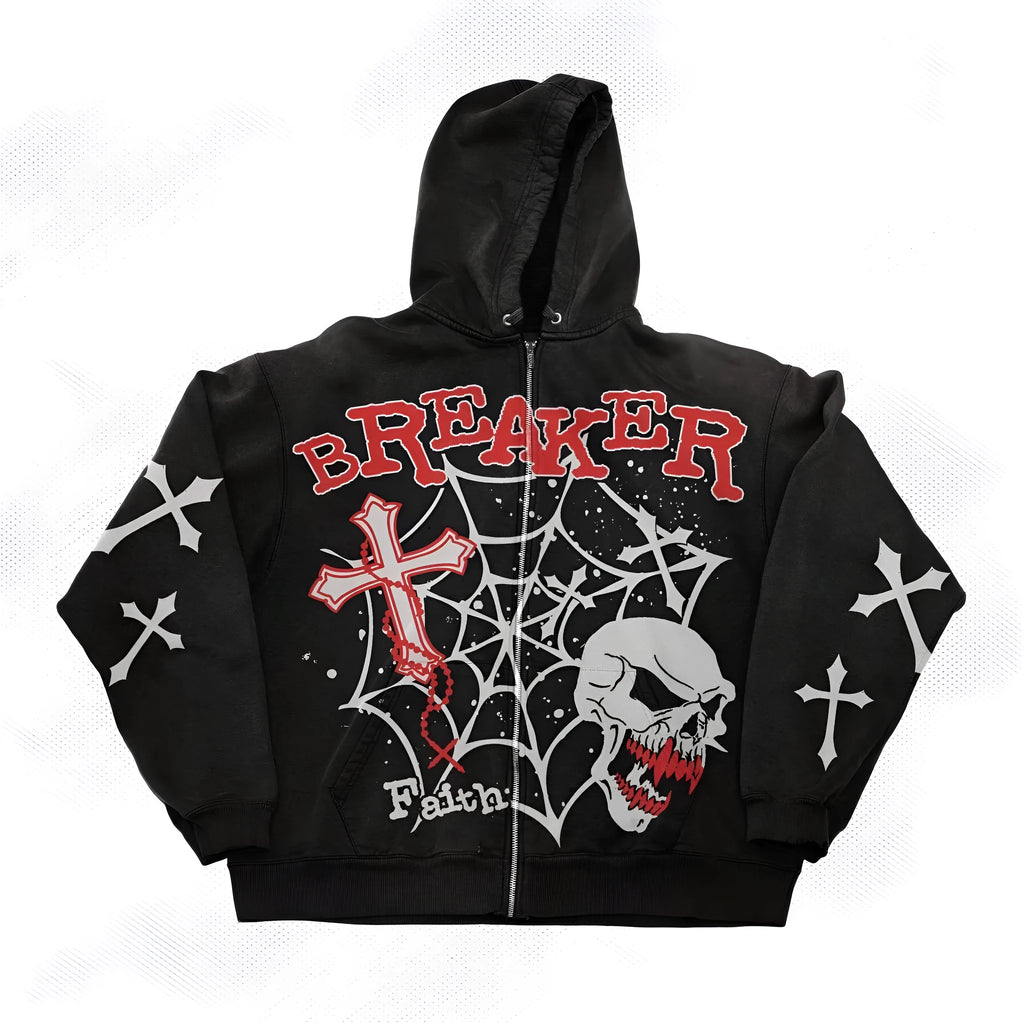 Black cotton polyester skull print hoodie on model, pullover style with hood and long sleeves, M to 3XL sizes