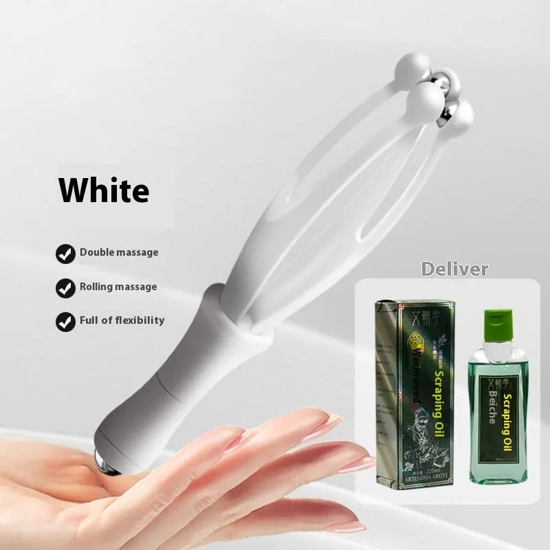 Blue and white PP plastic finger massager with visible electroplated steel balls for hand joint rolling therapy.