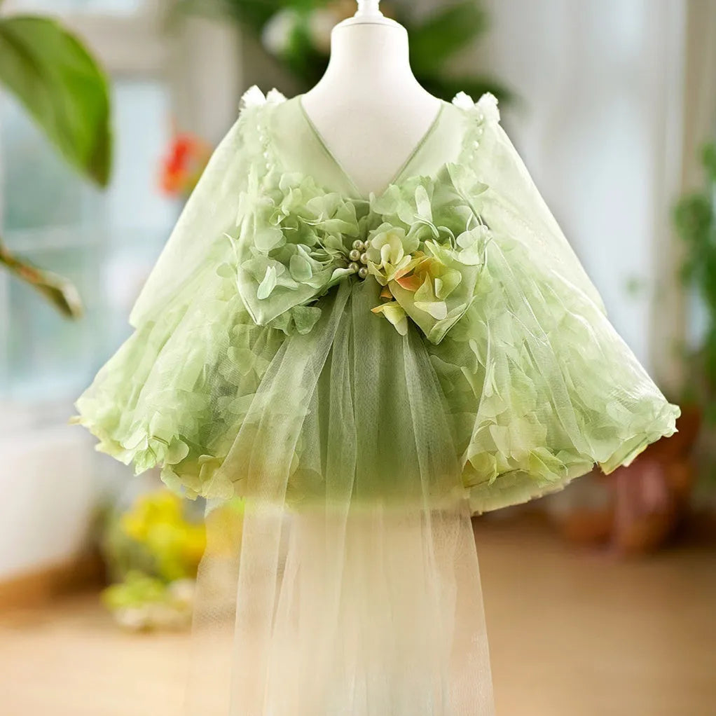 Green Mori style girl's peanut day princess dress with chemical fibre blend fabric and lining