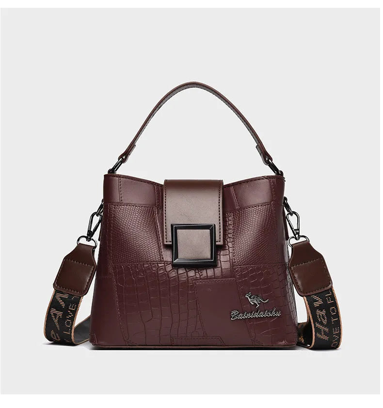 Personalised PU handbag with outer sandwich pocket and sewn-line detail, available in multiple colours, standard 23x12x20cm