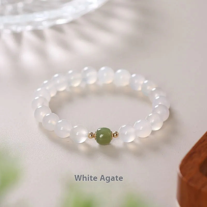 Handmade natural white agate hetian jade crystal bracelet with cinnabar inlaid detailing in ins style