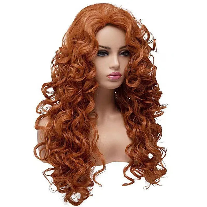Long brown curly wig with instant noodles-style texture on wig head