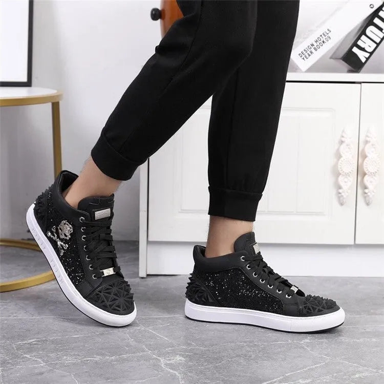 Men's black genuine leather skeleton high top shoes with lace-up closure and round toe design