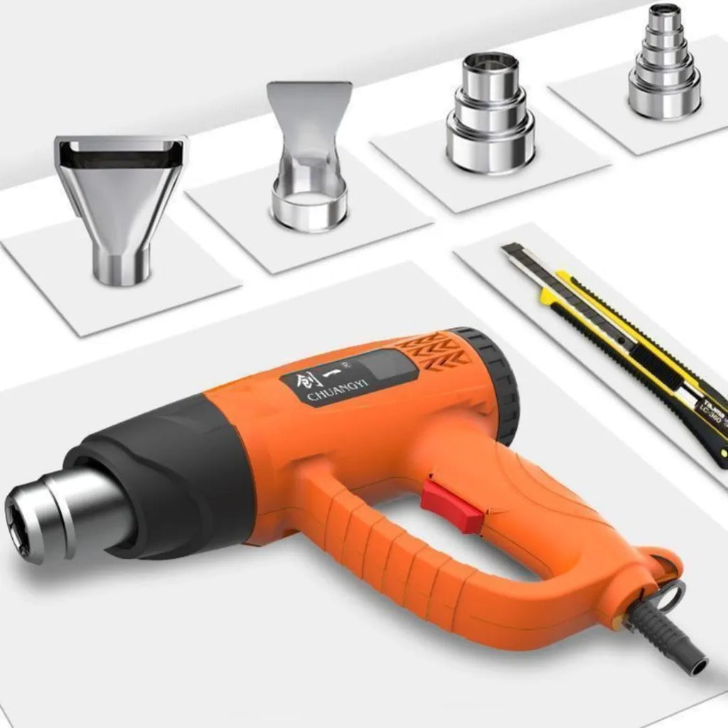 Handheld digital hot air gun with temperature display, 100°C working temperature, and 10 L/min air flow rate