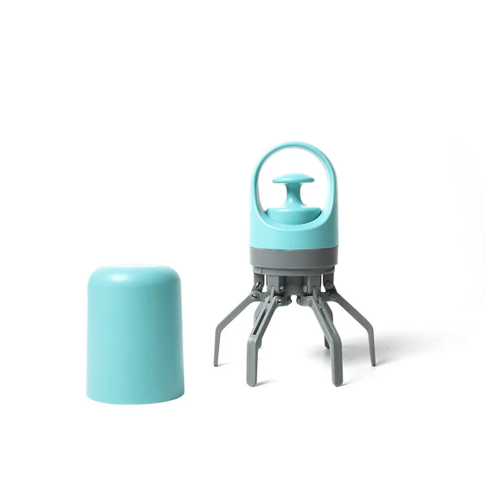 Blue plastic dog pooper scooper with claw mechanism and roll of waste bags