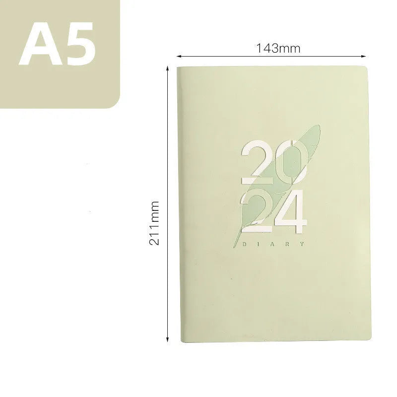 2024 English daily planner with imitation leather cover in blue, A5 size, open to a daily schedule page