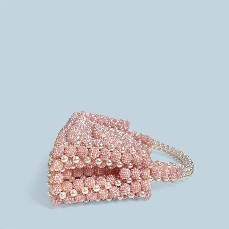 Pink handmade beaded handbag with waxberry pearl ball acrylic beads, weaved pattern, horizontal square shape