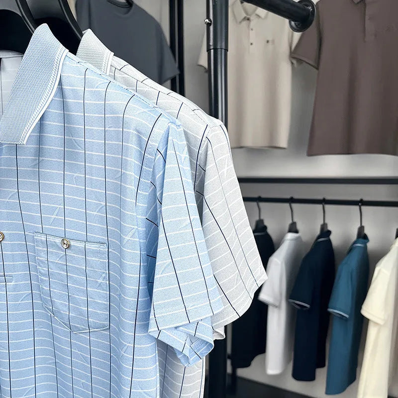 Men's ice silk plaid pullover summer top in light blue or light grey, loose fit, sizes M to XXXXL