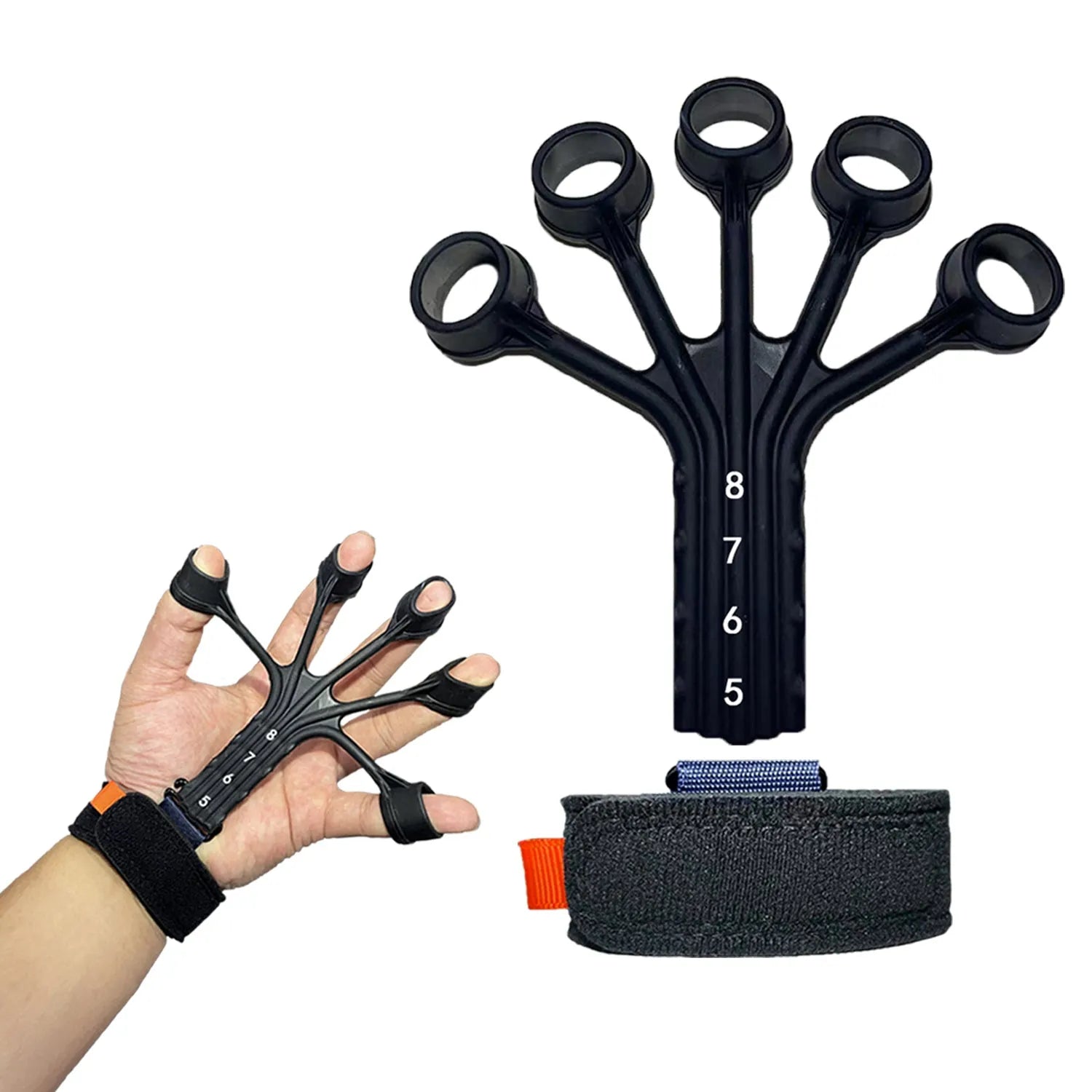 Silicone finger flexion and extension trainer with adjustable belts in black and grey colours