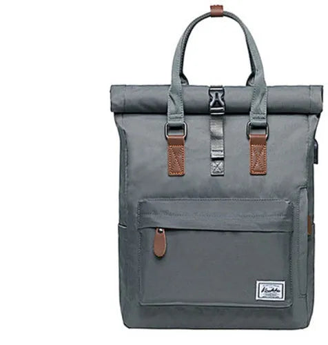 Casual black polyester backpack with cover flap open, showing interior laptop sleeve and zipper pocket.