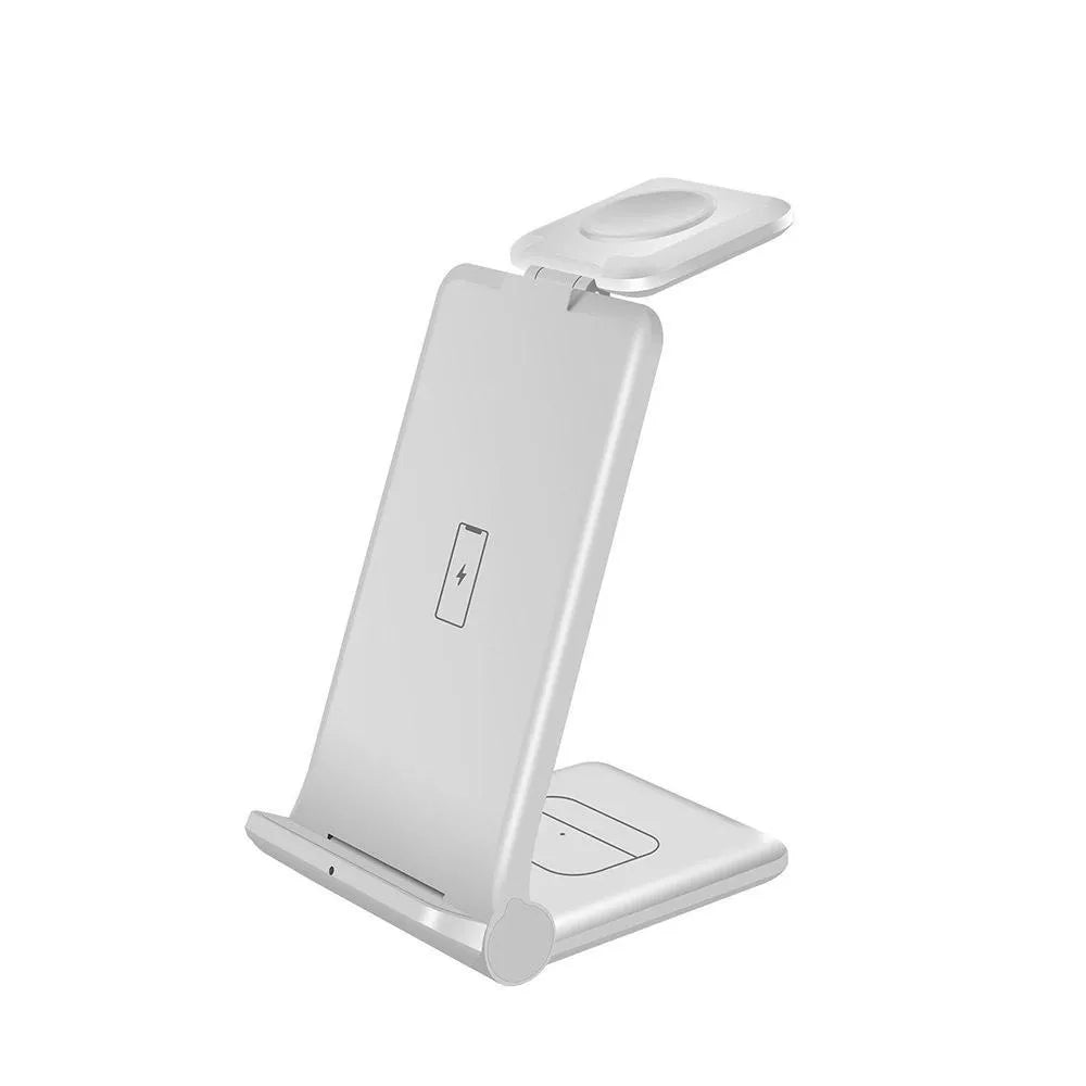 White 3-in-1 wireless charging station folded, charging an iPhone, AirPods case, and Apple Watch.