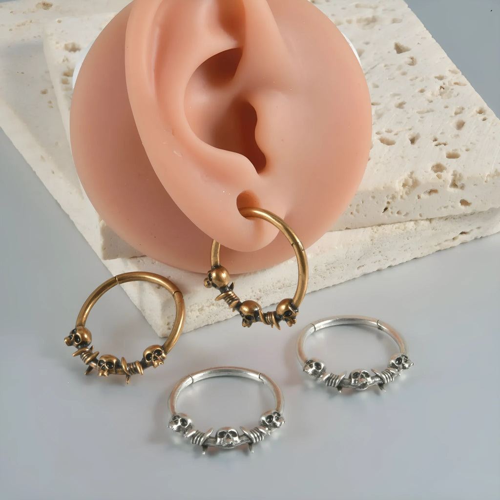 Copper punk earrings with ghost head design in antique silver or ancient gold finish