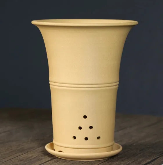 Large-diameter purple clay orchid pot in classic ceramic style, available in fruit green and jujube red clay colours