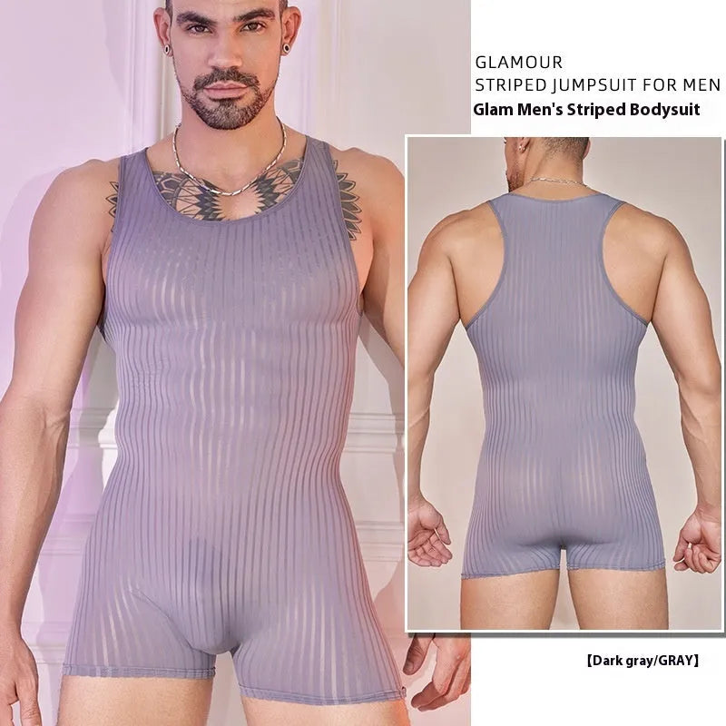 Men's black and white vertically striped lightweight nylon jumpsuit laid flat.