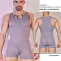 Men's black and white vertically striped lightweight nylon jumpsuit laid flat.