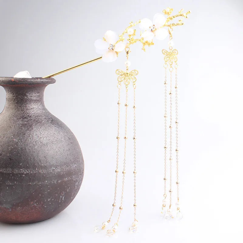 Ancient style Hanfu plum blossom branch tassel hairpin white flower drill clip gold and silver metal