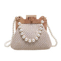 Women's straw woven shoulder bag with pearl chain strap and multiple internal compartments in horizontal square shape