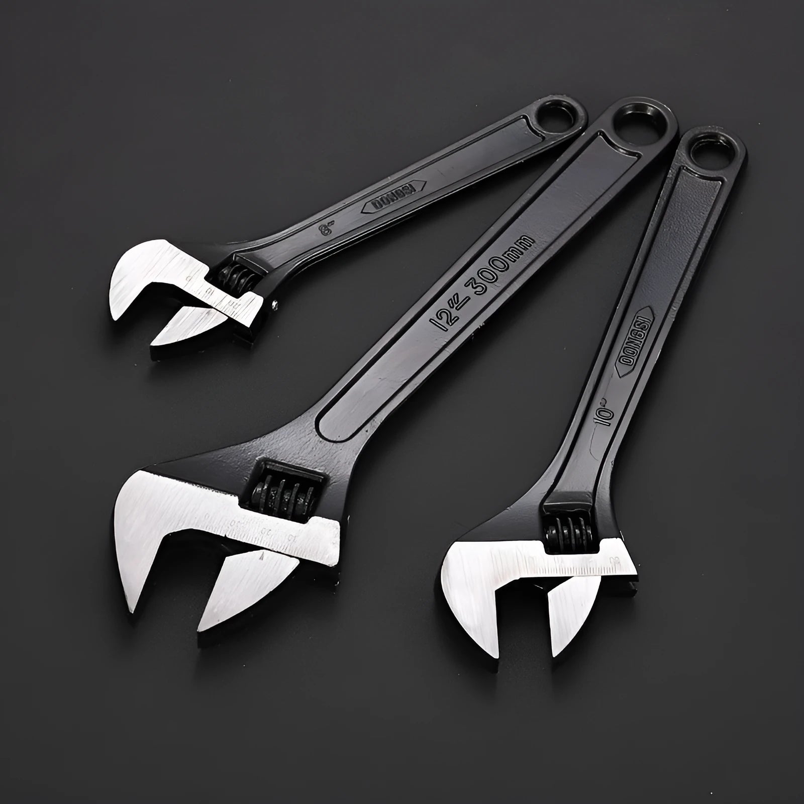 High carbon steel adjustable wrench with black finish in multiple sizes