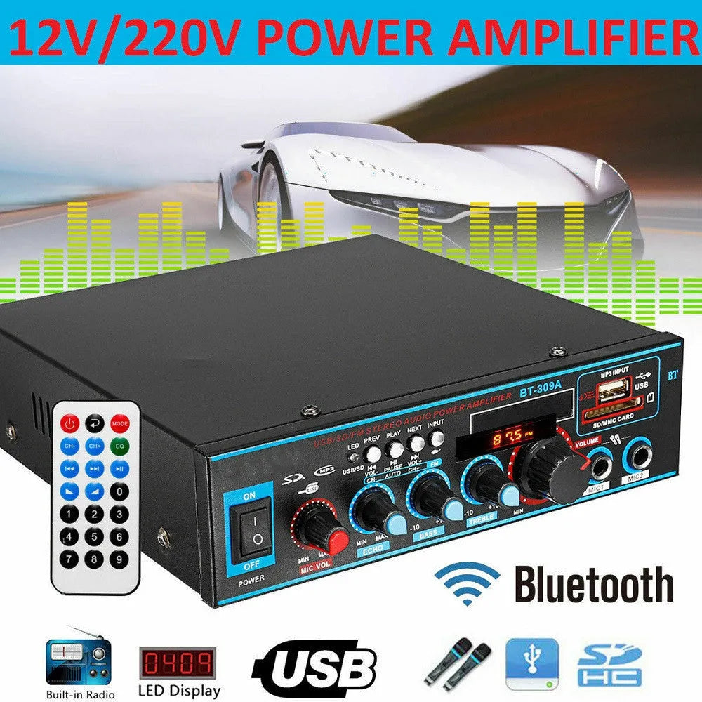 Black BT-309A-A dual-purpose home and car power amplifier with Bluetooth and FM radio.