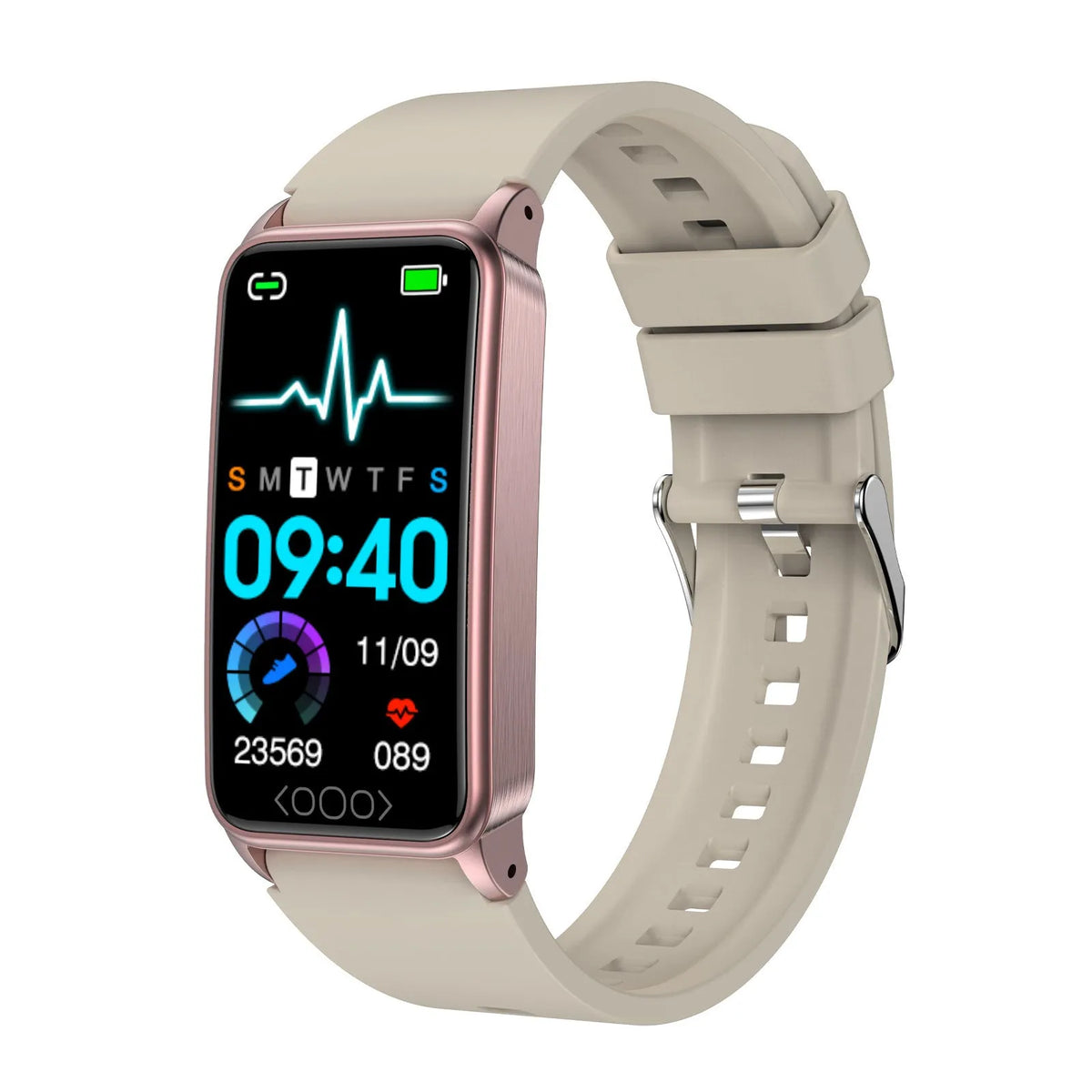 Smart bracelet with touch IPS screen, silicone strap, 250mm x 25mm x 11mm, in black, blue, pink or beige