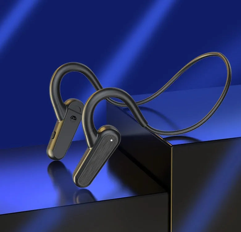 Bone conduction sports earphone, neck hanging waterproof design, Bluetooth 5.3, 15m range, Q2 black with charging cable and instructions