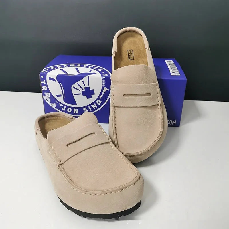 Cowhide retro closed toe half slippers mule platform casual shoes with manual stitching in black suede, gray green, and mud colours