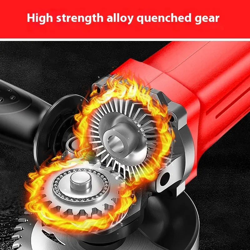 Angle grinder with 710W input, 1600W output, 100mm disc, and 10mm chuck for cutting and grinding