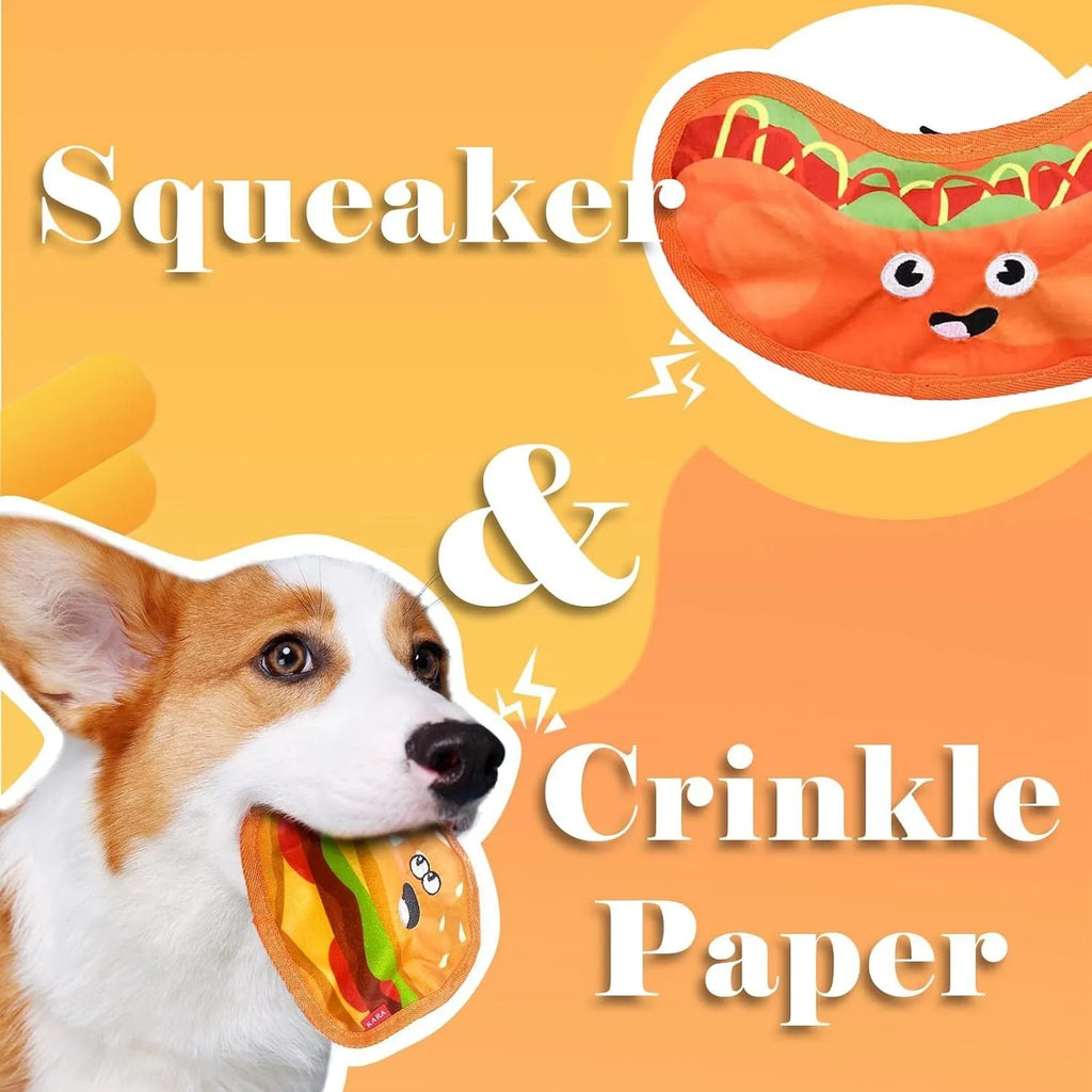 Food-shaped crinkle and squeaky dog toy in hamburger, fries, hot dog, or pizza design for interactive play.