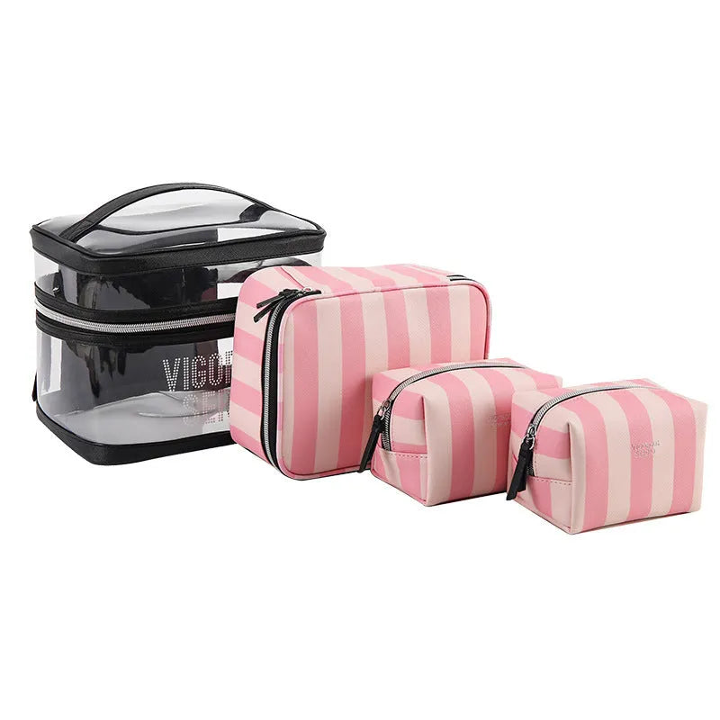 Pink bold stripes waterproof makeup bag with floral pattern synthetic leather folding cosmetic organiser