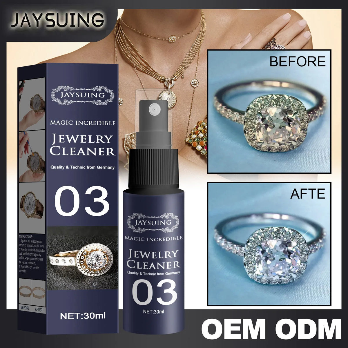 30ml jewellery cleaner in a plastic bottle measuring 13.8cm by 2.9cm for watch straps and jewellery