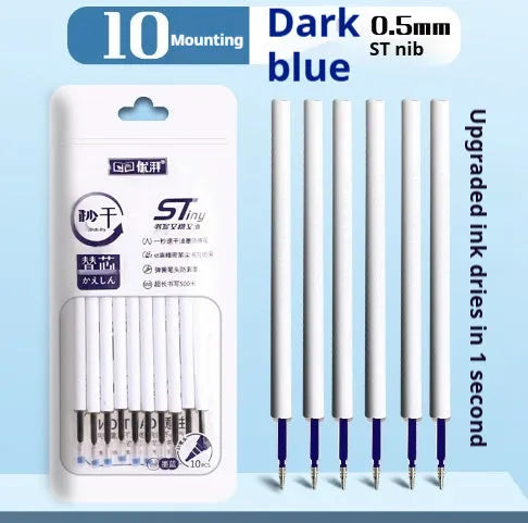 Pack of ten quick-dry gel pen refills for bullet pens in black, blue, red, and ink blue.