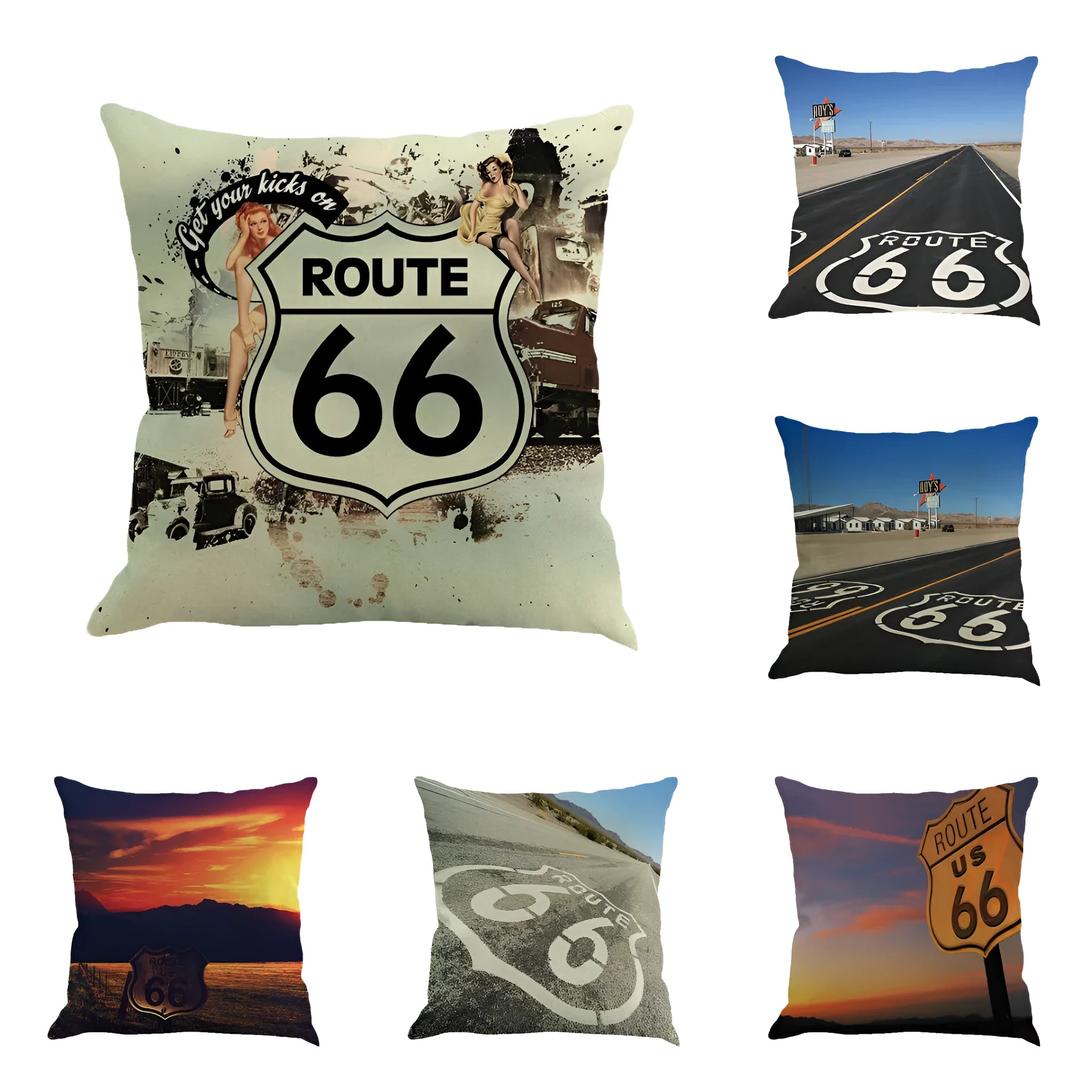 Route 66 landscape pattern on a square linen and cotton blend cushion cover, showing one of six available colours