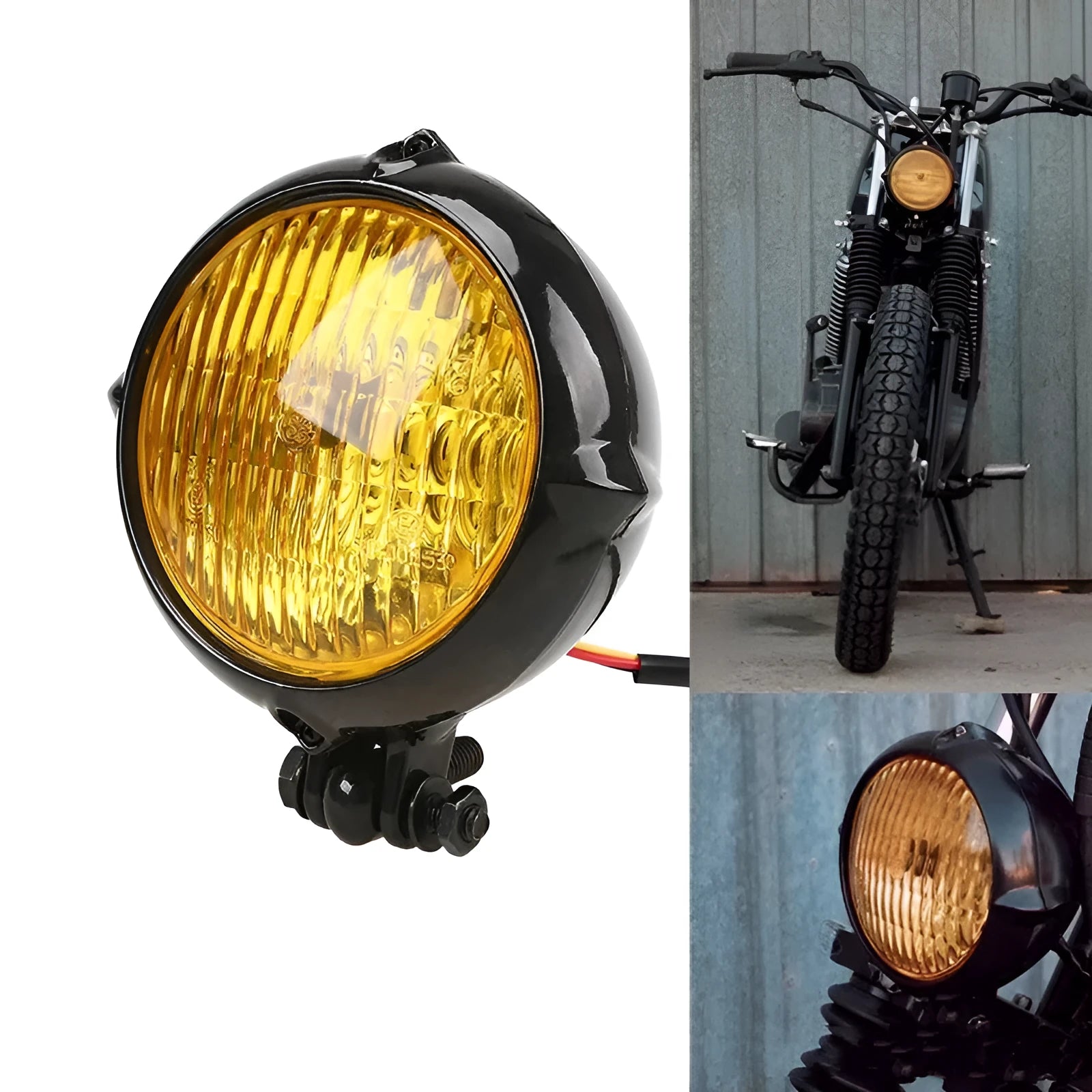 Harley-style retro headlight in electroplated black with 8 cm circular glass lens.