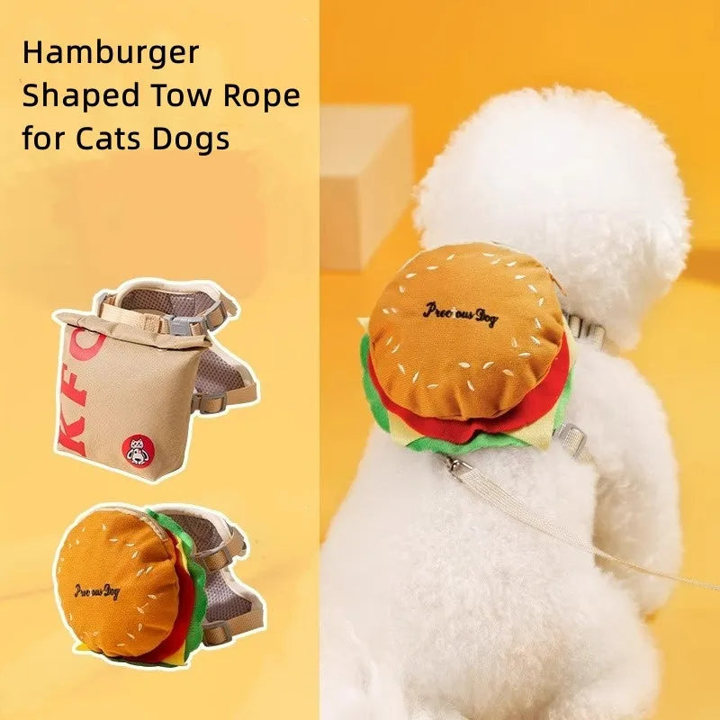 Cartoon hamburger chips design adjustable dog vest harness with walking rope in four pattern options