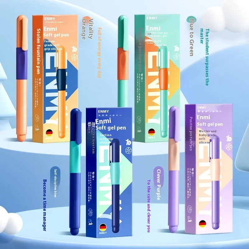 Student posture correction pen with triangular grip in blue, green, purple, and orange colour options