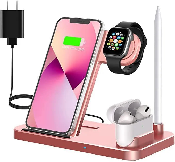 Folding 4-in-1 wireless charging stand in black showing smartphone charging vertically