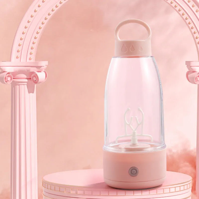 Automatic electric shaker bottle with USB charging port and handle in green, pink, and white colours