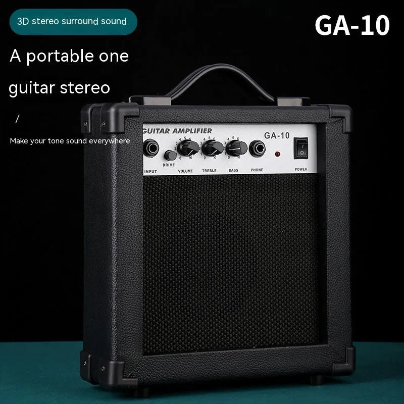 Small GA-10 10W guitar amplifier speaker with metal and plastic construction, 25x8x26cm